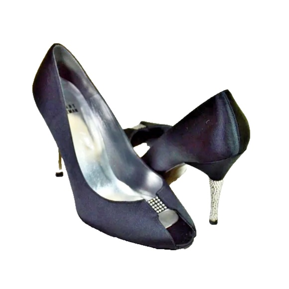 Stuart Weitzman BlacStuart Weitzman Black Satin Peep Toe Crystal Heel Pump - Picture 14 of 14